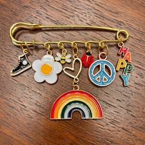 New handmade fun Gold Charm Brooch rainbow peace bee ladybug flower happy love